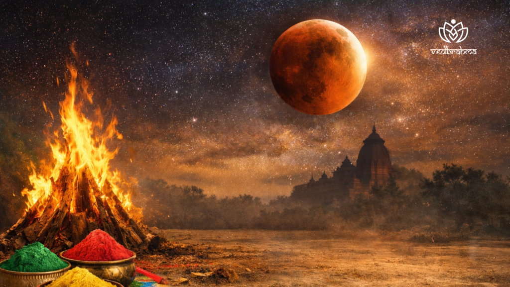 Holika Dahan bonfire with colorful powders and lunar eclipse in night sky – best astrologer in Pune